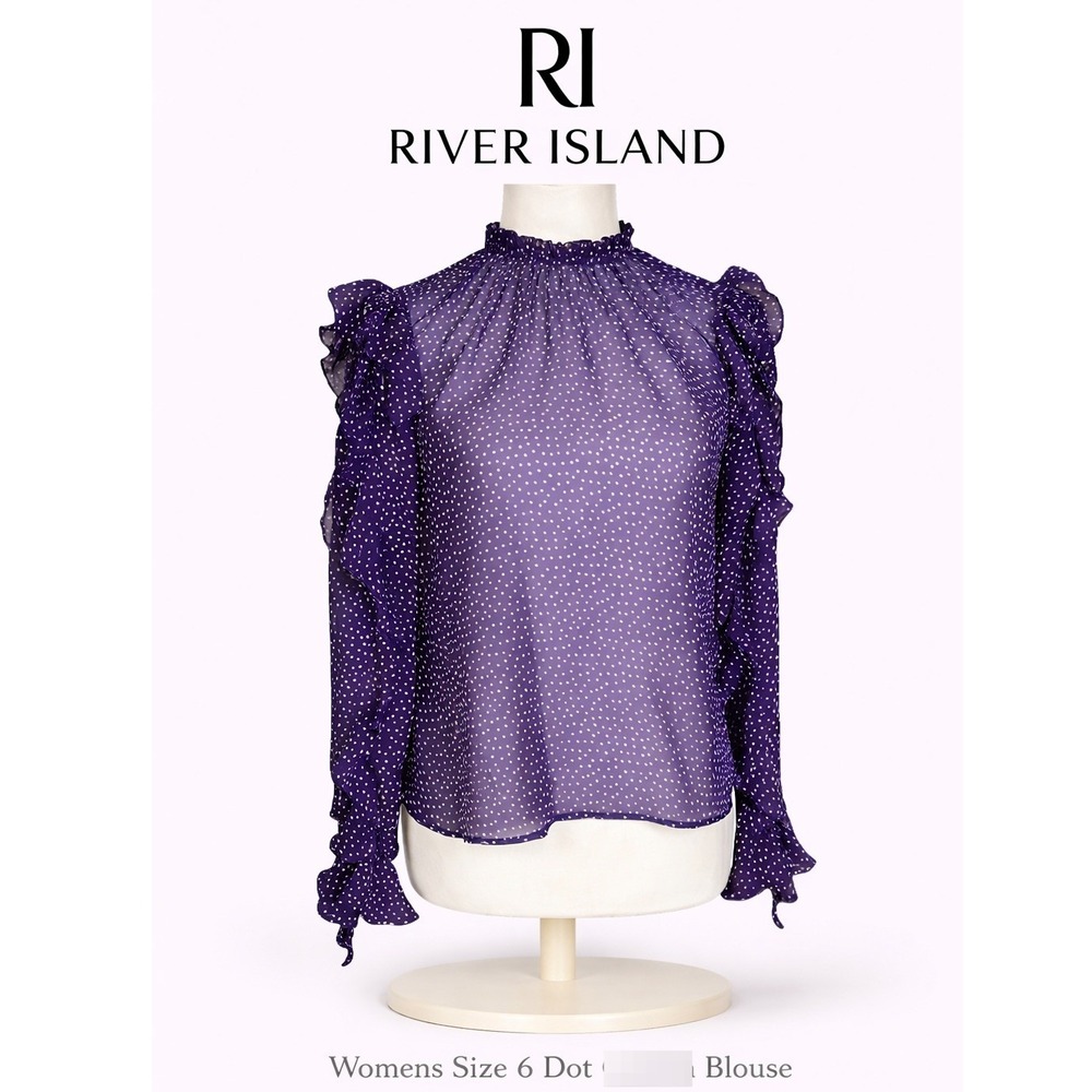 River‎ Island Womens Size 6 Purple Polka Dot Chiffon Ruffle Puff Sleeve Blouse